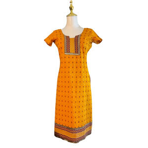 Mustard Yellow Embroidered XS Kurta Tunic Dress Square Neckline Short Sleeves